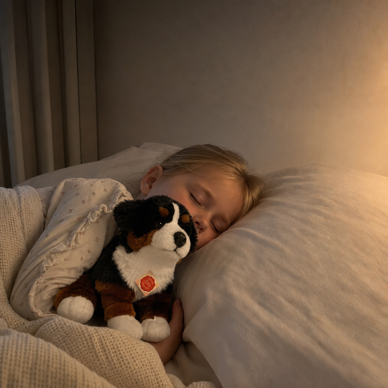 Barn leger med siddende bamse Berner Sennen fra Teddy Hermann
