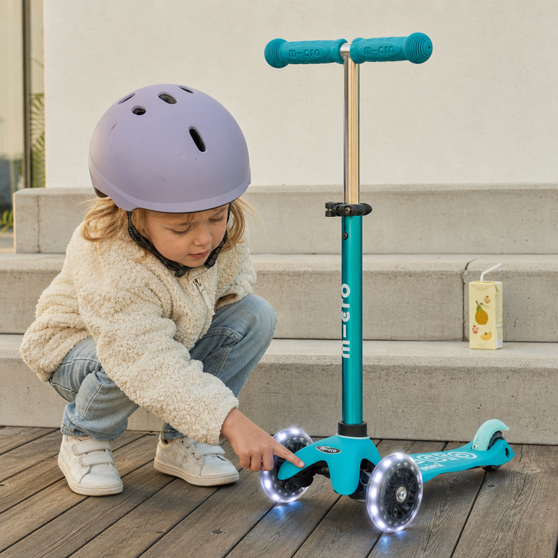 Barn leger med Micro Mini løbehjul i aqua