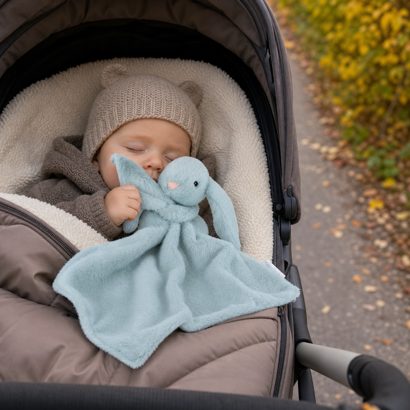 Baby hygger med Tinka nusseklud kanin i lys blå
