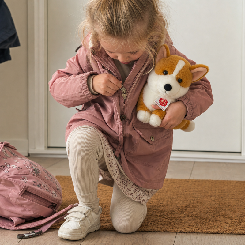 Barn krammer bamse corgi fra Teddy Hermann