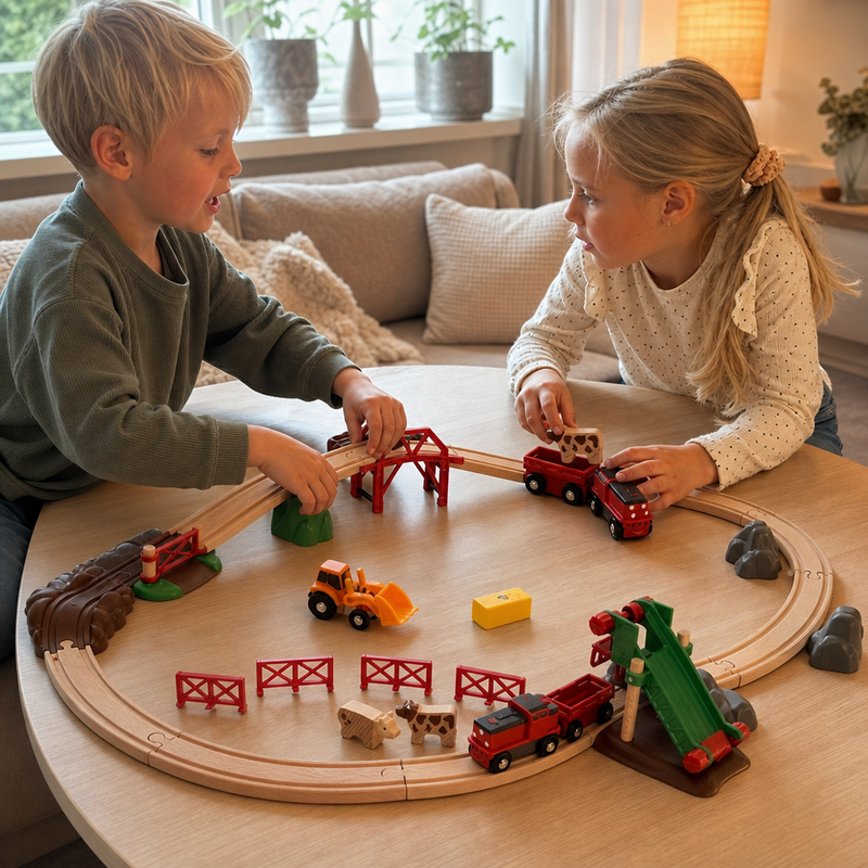 Barn bygger bondegård med bondegårdssæt fra BRIO