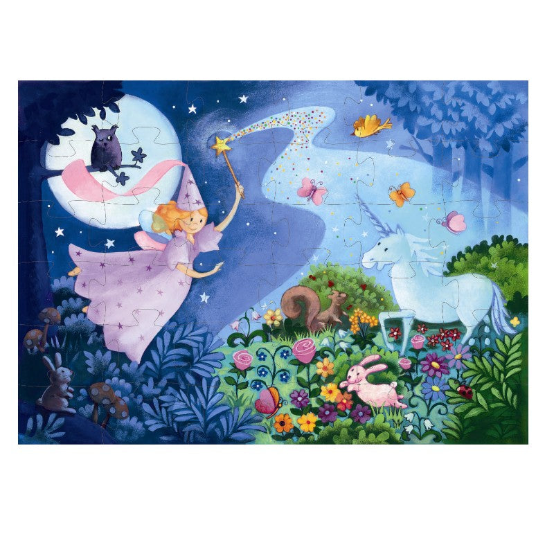 Pusle silhuetformet æske 36 brikker - 'Feen og enhjørningen'