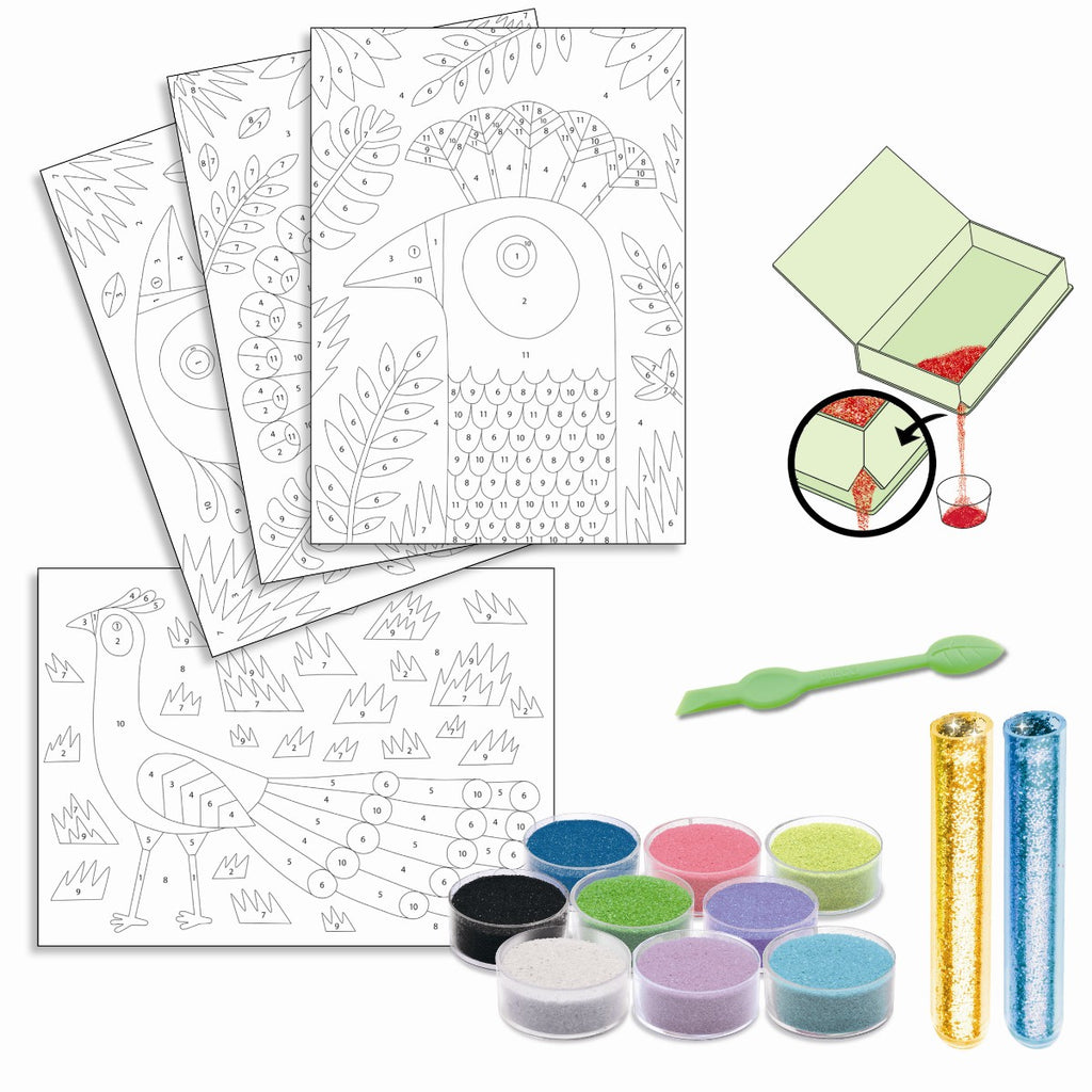 Sandbilleder med glitter - Fugle