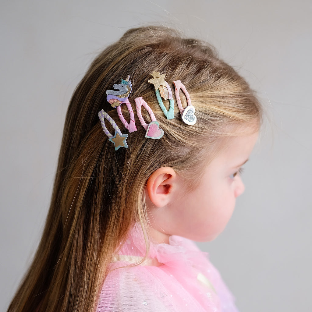 5 mini hårclips - Hjerter, stjerne og enhjørning