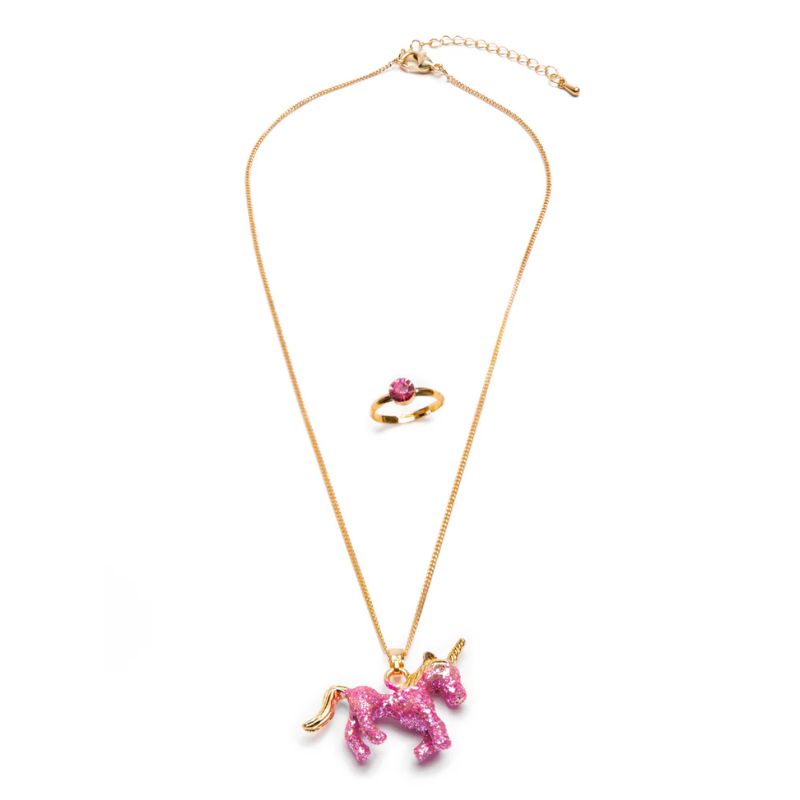 Enhjørningehalskæde og ring - Guld med pink glitter