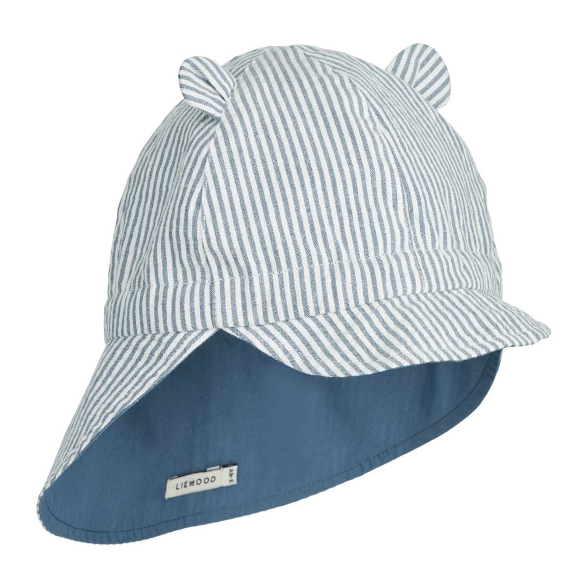 Solhat - blå/hvid stibet med ører - Reveribel