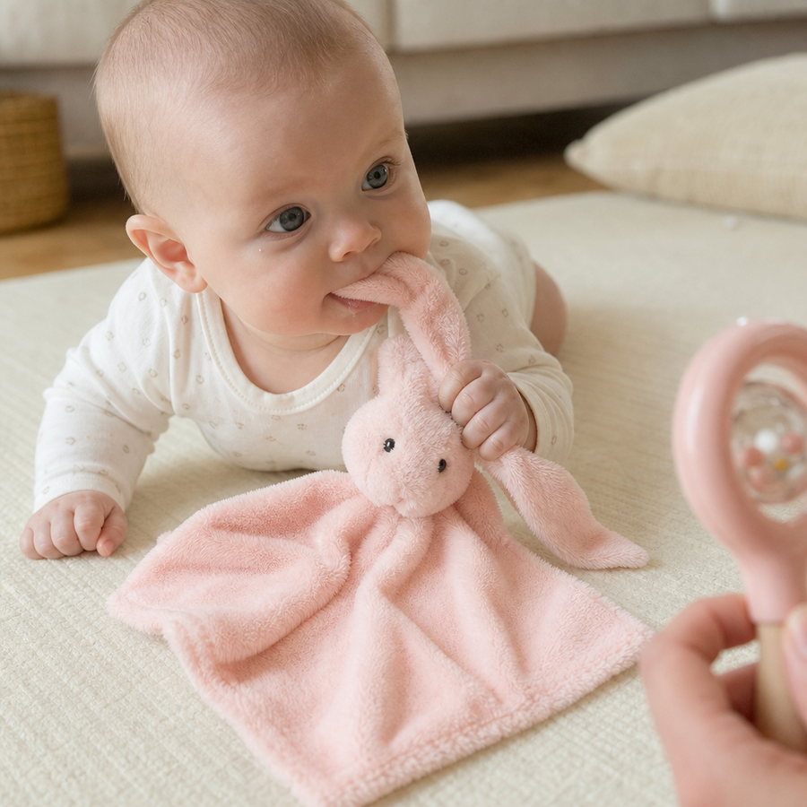 Baby holder Tinka nusseklud kanin i lys rosa
