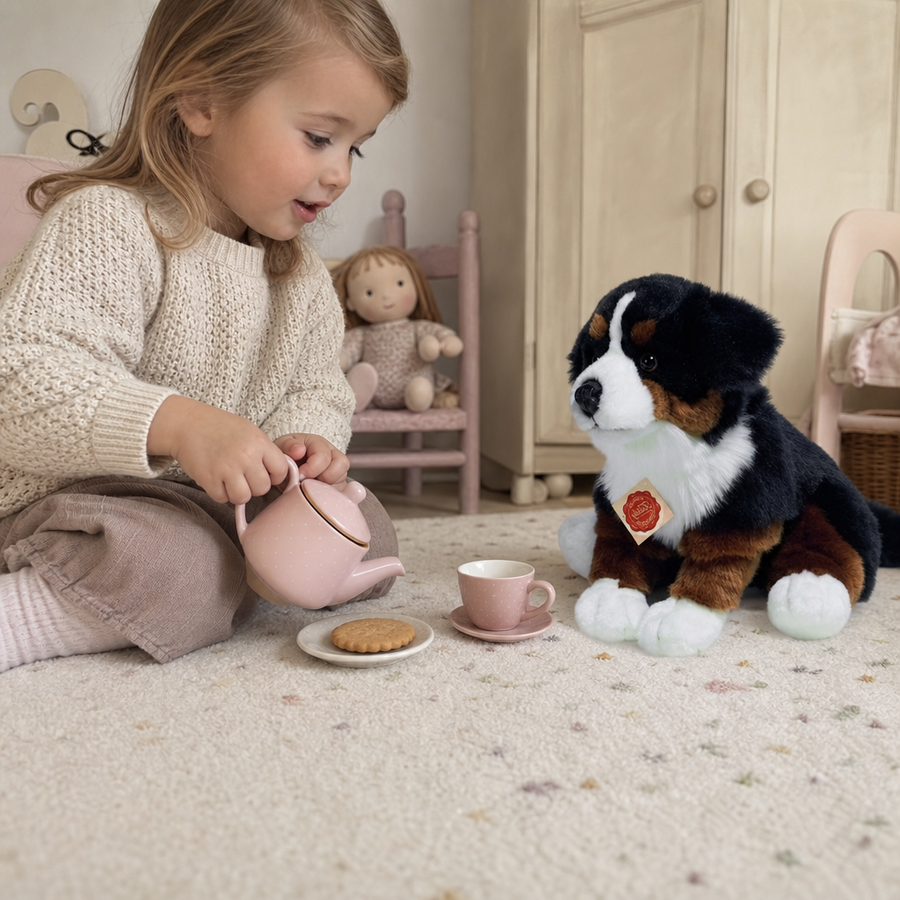 Barn krammer siddende bamse Berner Sennen fra Teddy Hermann