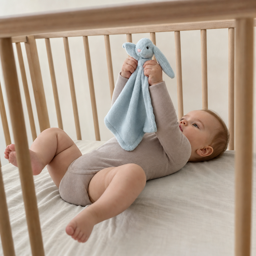 Baby holder Tinka nusseklud kanin i lys blå