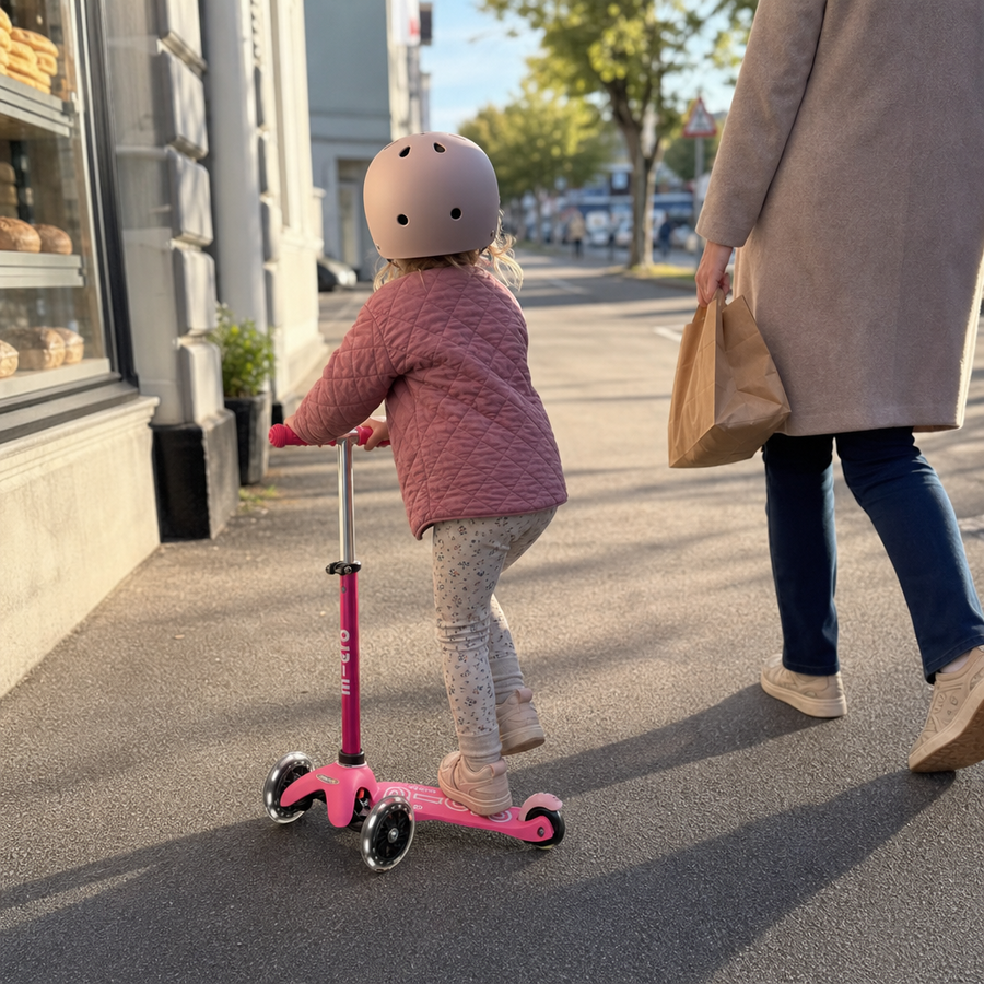 Barn på tur med Micro Mini løbehjul i pink
