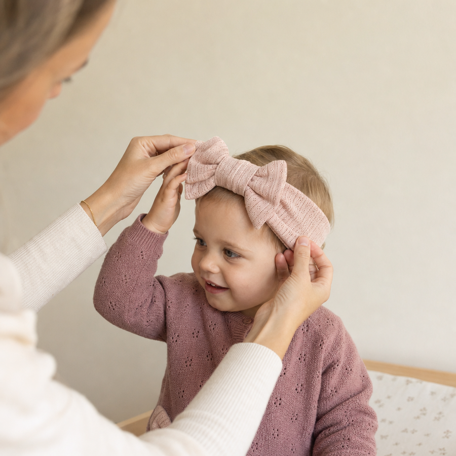 Baby med haarbaand med sloejfe i rose