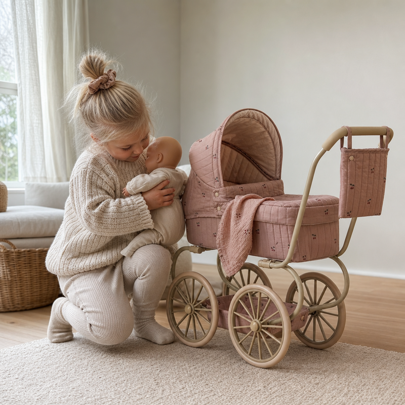 Barn går tur med Minnie dukkevogn i Cherry blush