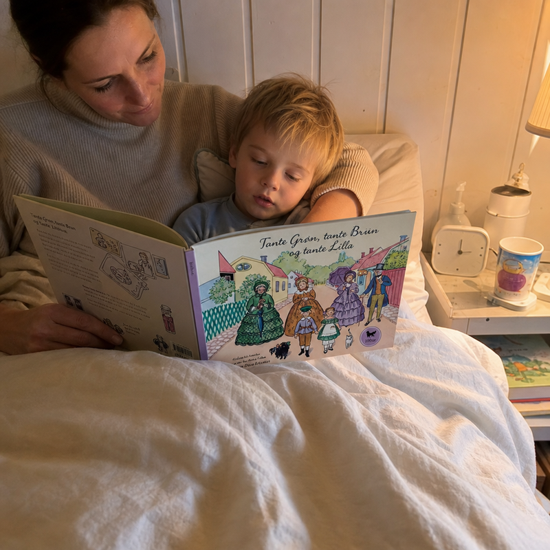 Barn læser Tante Grøn, tante Brun og tante Lilla