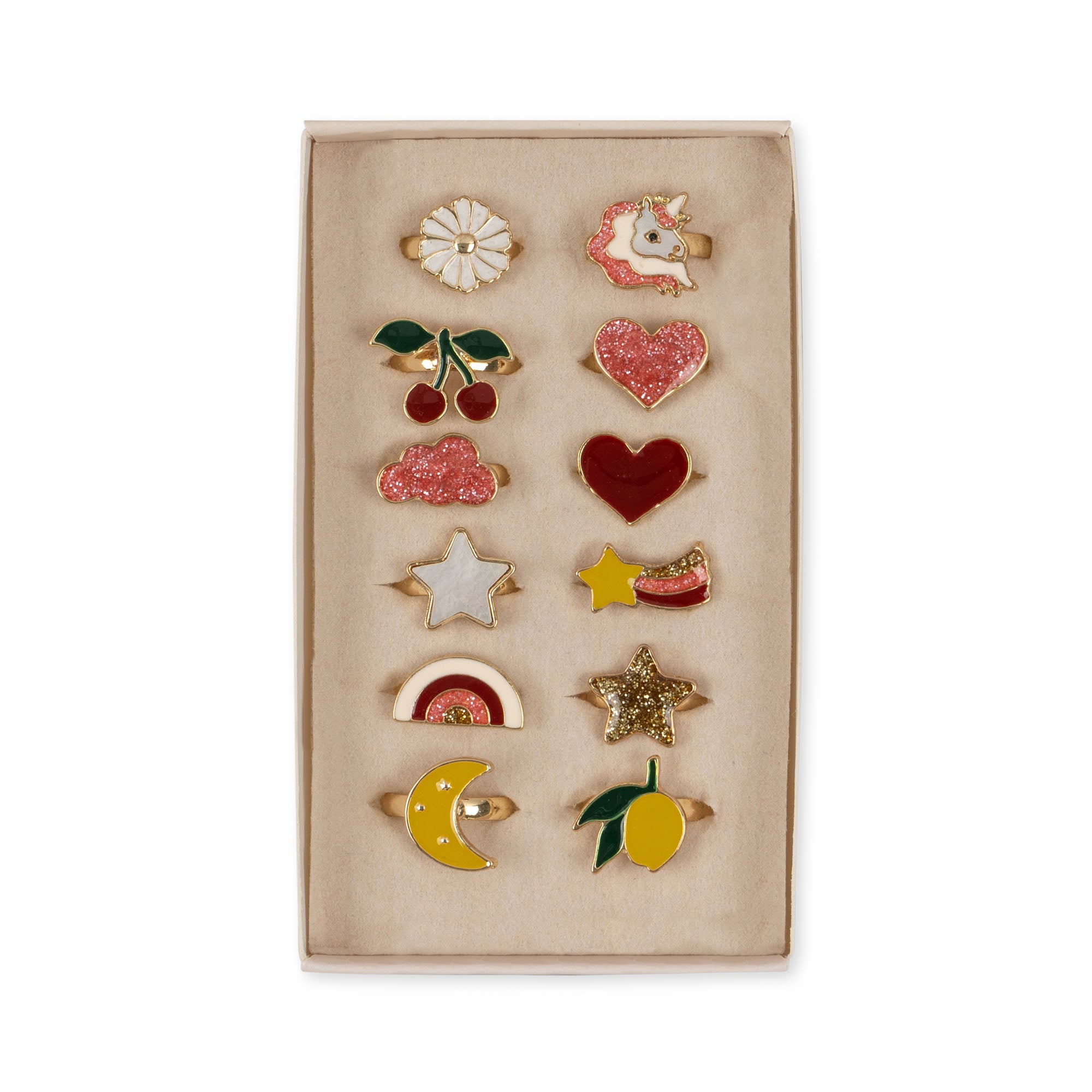 Hvid æske med 12 fingerringe